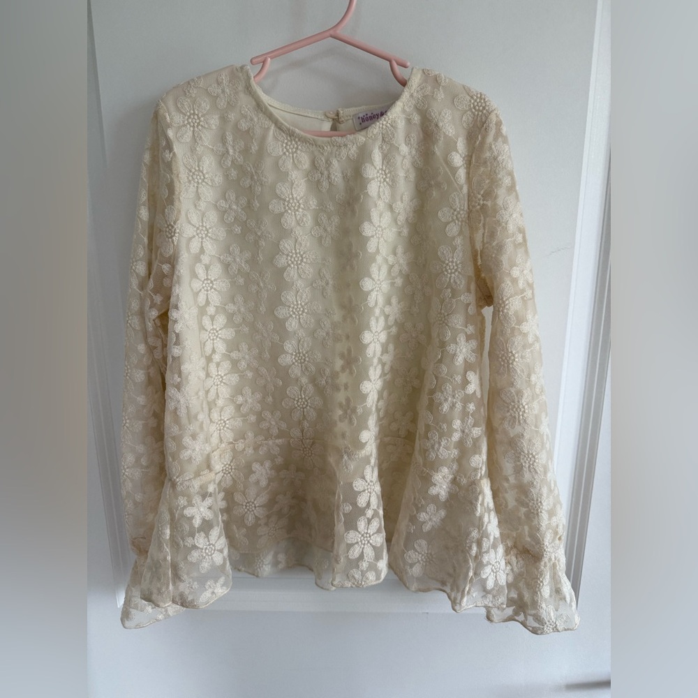 Cream Boxy Lace Blouse with Long Sleeves